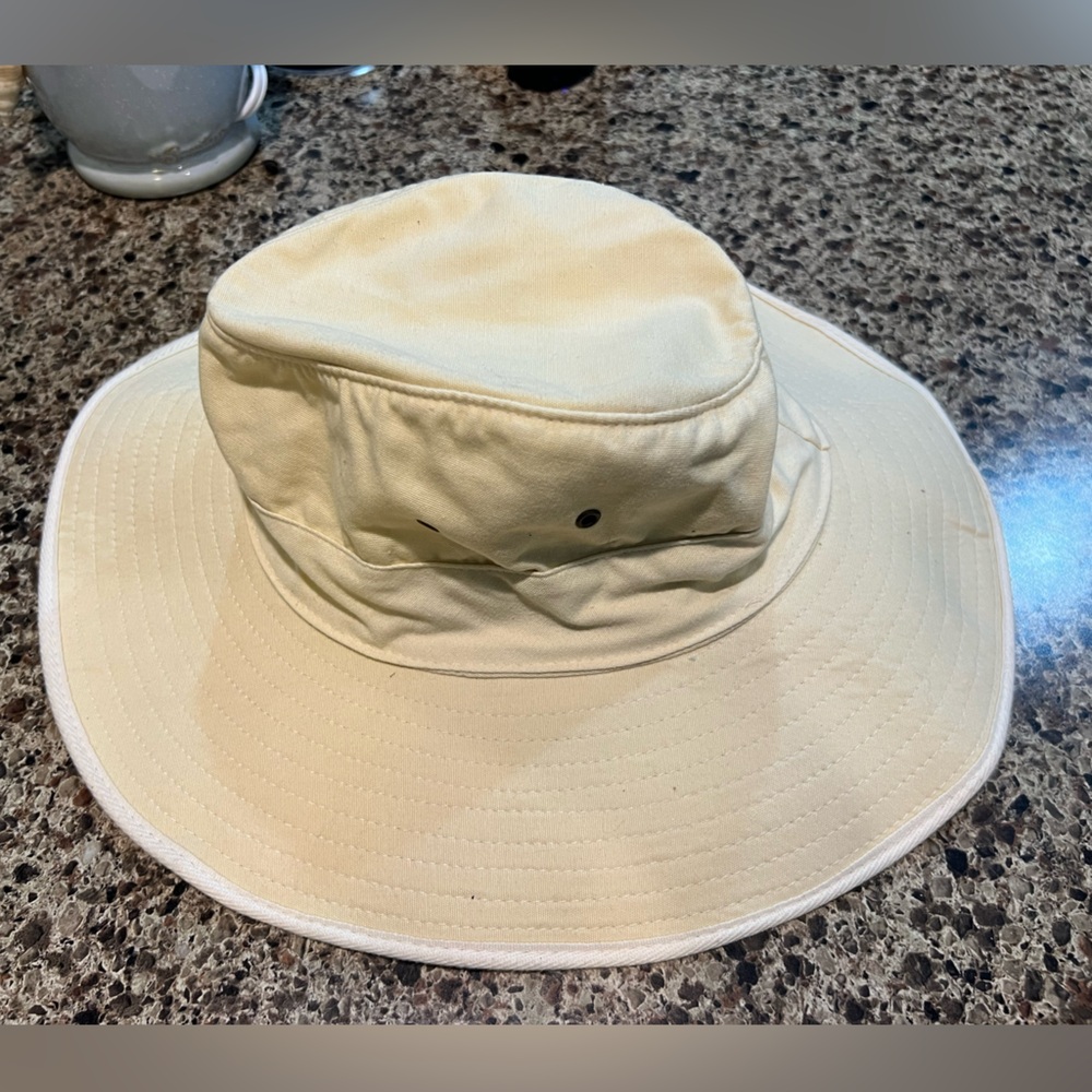 Vintage Orvis Beige Bucket Hat -wide brim with adjustable cotton rope-like strap